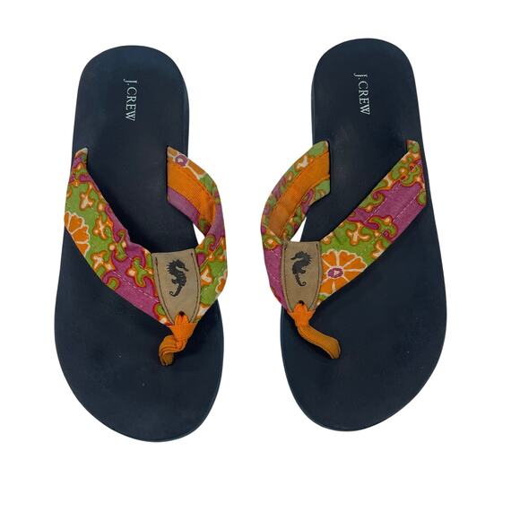 J. Crew Floral Print Seahorse Flip Flops Green Orange Pink Womens 7? - Picture 1 of 5